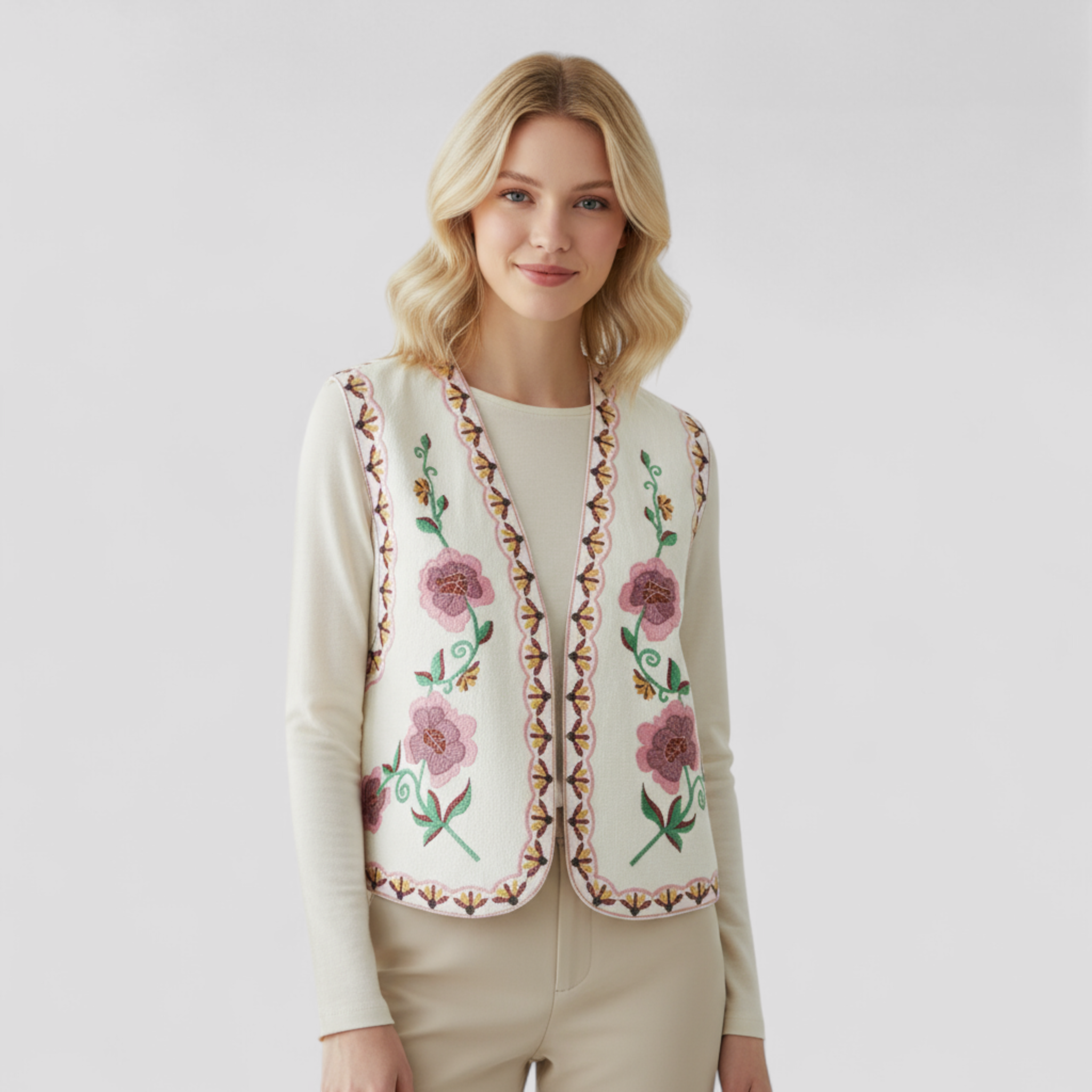 Gilet Bohème Brodé à Motifs Floraux Coton Femme