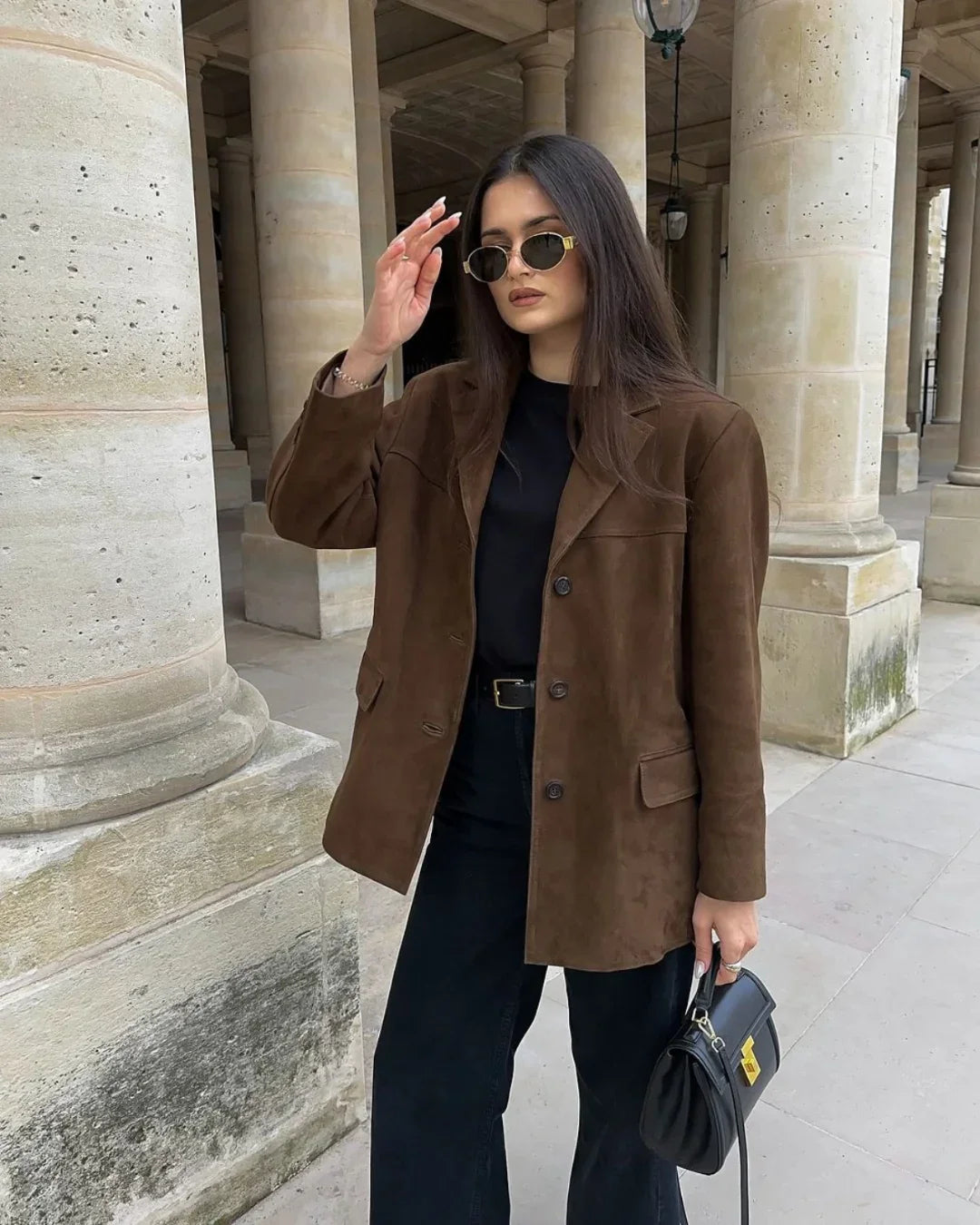 Veste blazer femme en suédine marron avec poches