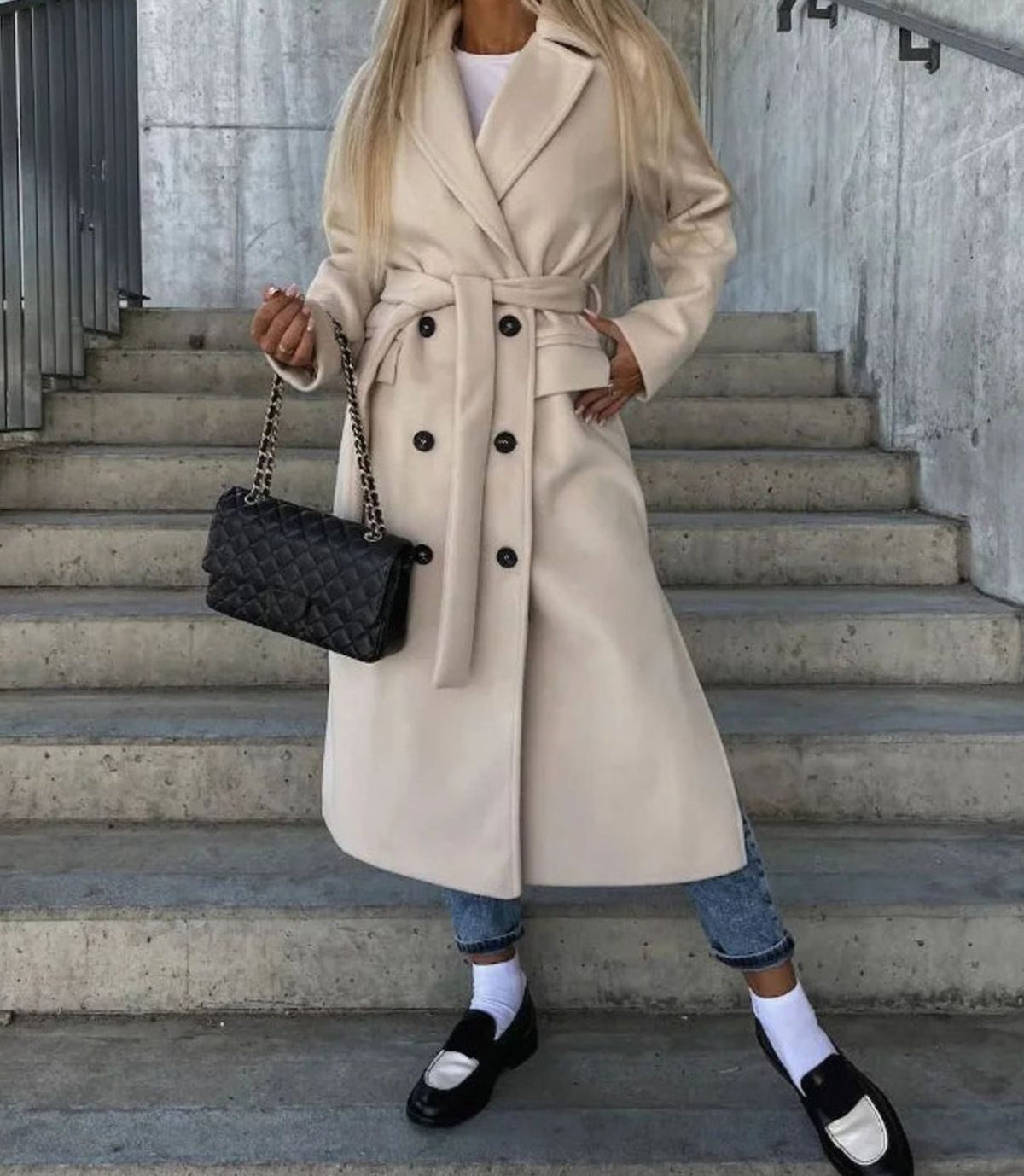 Manteau Long Croisé pour Femme avec Col à Revers