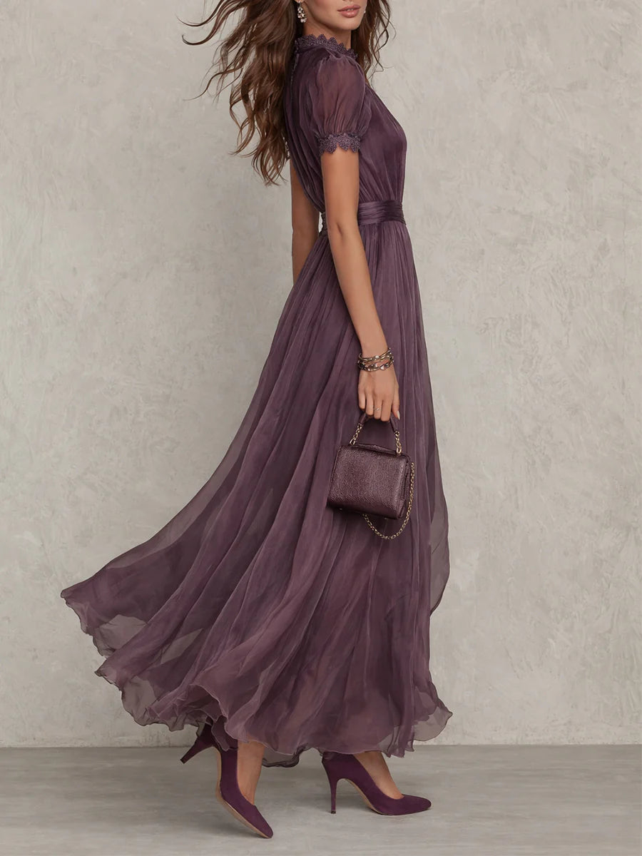 Robe longue femme dentelle violette taille froncée élégante