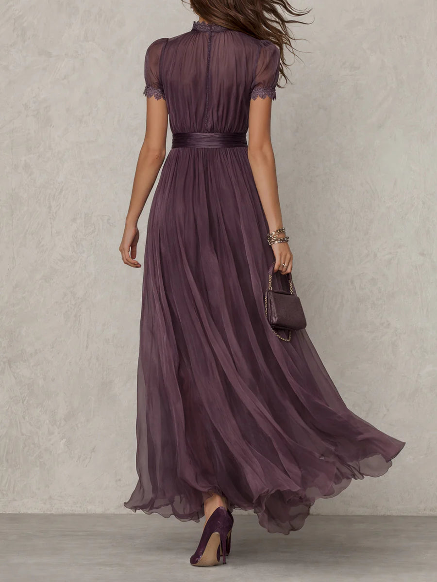 Robe longue femme dentelle violette taille froncée élégante