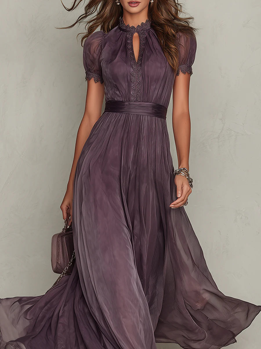Robe longue femme dentelle violette taille froncée élégante