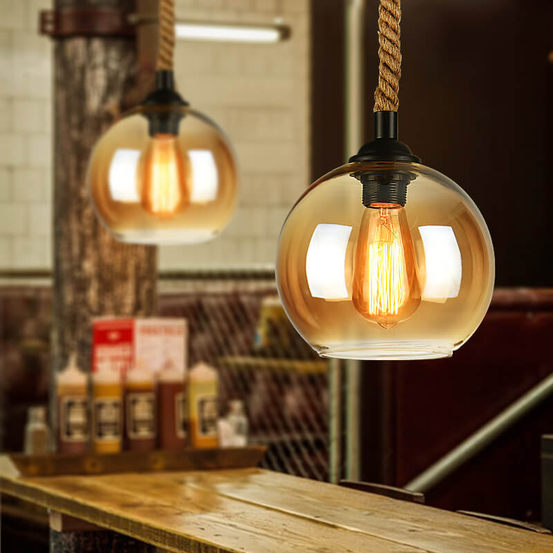 Suspension Boule en Verre avec Corde de Chanvre - Design Vintage