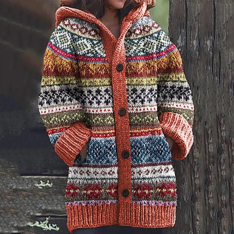 Cardigan en Maille à Capuche Femme Motif Fair Isle