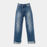 Blugi pentru femei, talie înaltă, relaxați, cu margini destrămate, albastru deschis - denim