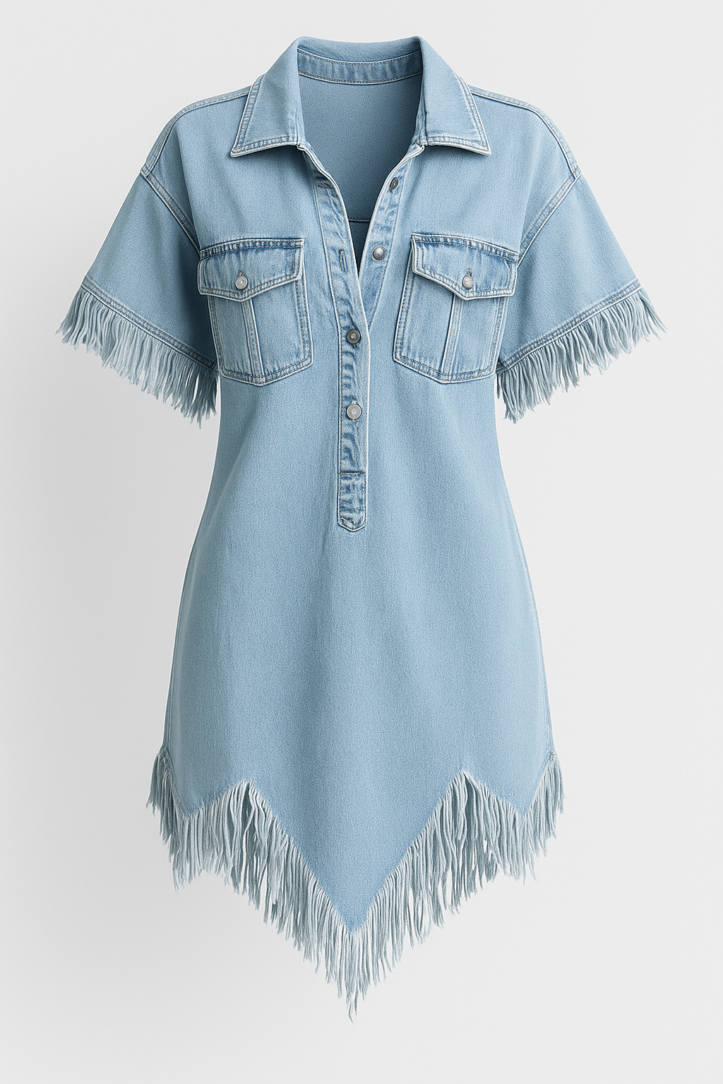 Robe Chemisier Femme en Denim Dakota avec Franges et Poches Poitrine