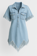 Robe Chemisier Femme en Denim Dakota avec Franges et Poches Poitrine