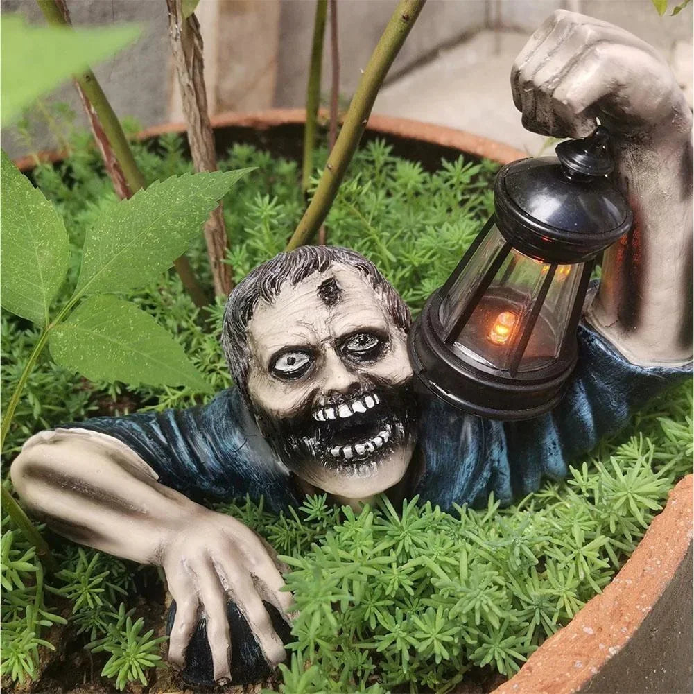 Figure de Zombie de Jardin avec Lanterne - Décor Halloween en Résine