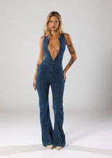 Salopetă din denim evazată cu fermoar, inspirată de stilul