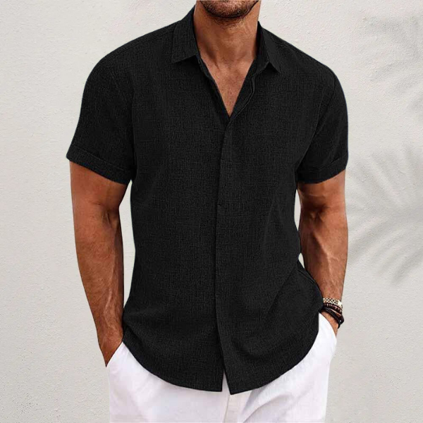 Camicia Lino Uomo Maniche Corte - Stile Estivo e Traspirante - Nero - abbigliamento estivo camicia traspirante camicia uomo lino comfort estivo maniche corte uomo moda mare uomo stile casual uomo
