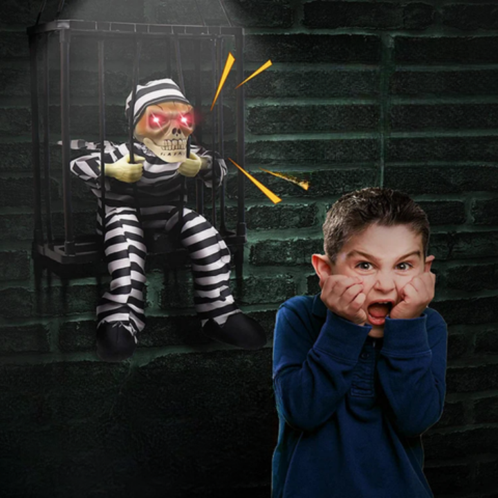 Décoration Cage à Squelette avec Détecteur de Mouvement - Yeux Lumineux et Son