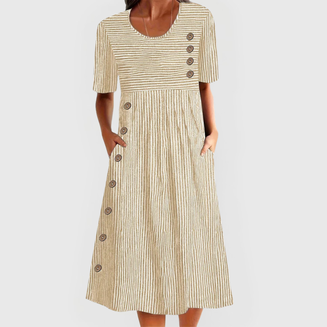 Robe midi femme rayée boutonnée décontractée avec poches