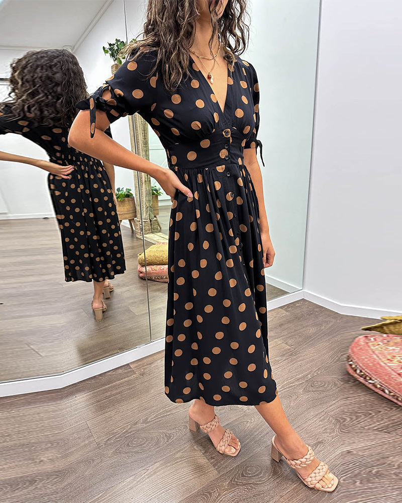 Robe midi femme col V à pois - Élégance intemporelle et coupe