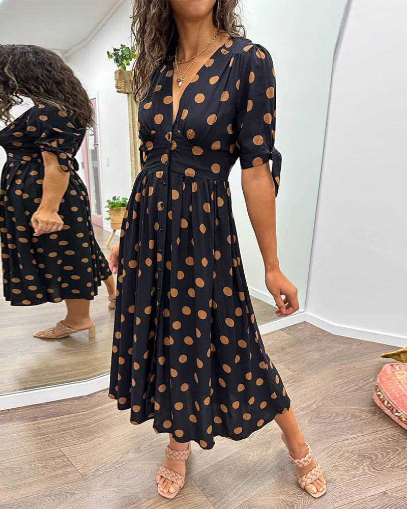 Robe midi femme col V à pois - Élégance intemporelle et coupe