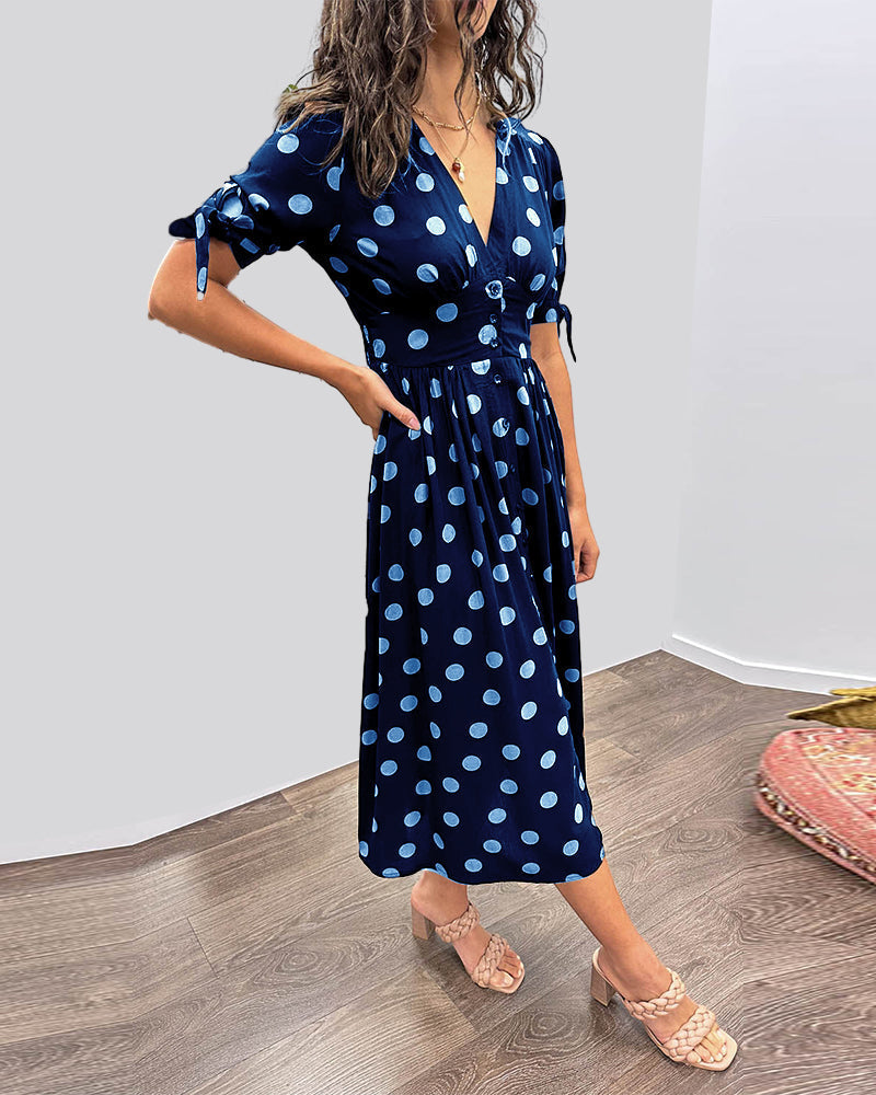Robe midi femme col V à pois - Élégance intemporelle et coupe