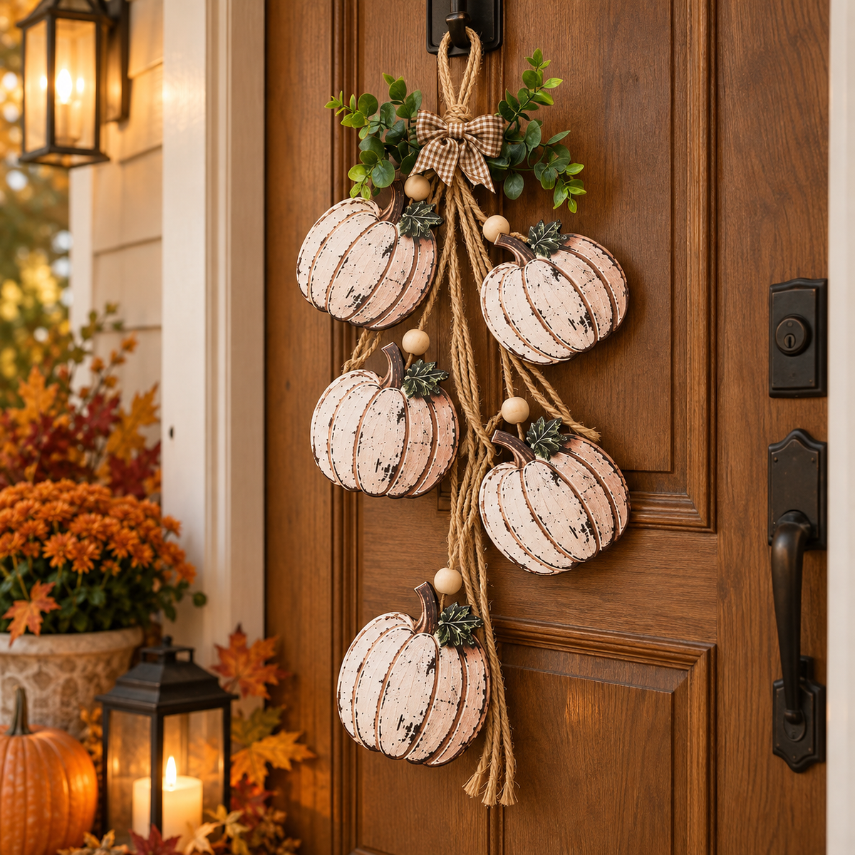 Suspension de Porte Citrouille en Bois - Lot de 5 avec Nœud Écossais