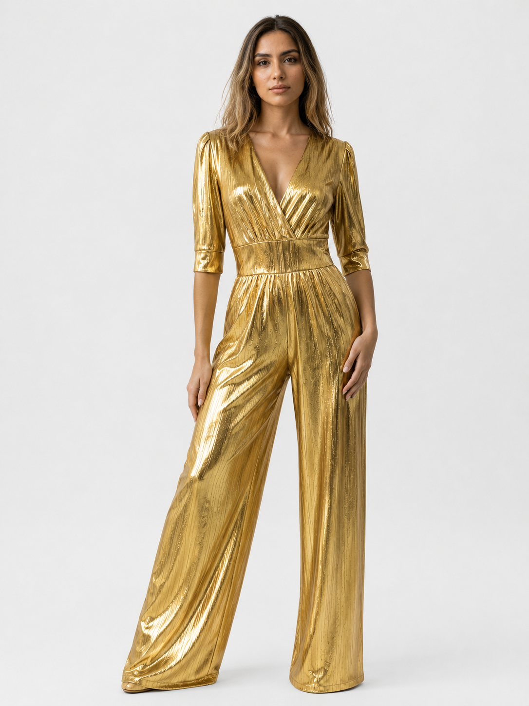 Metallisch smaragdgrüner Damen-Overall mit weitem, fließendem Bein
