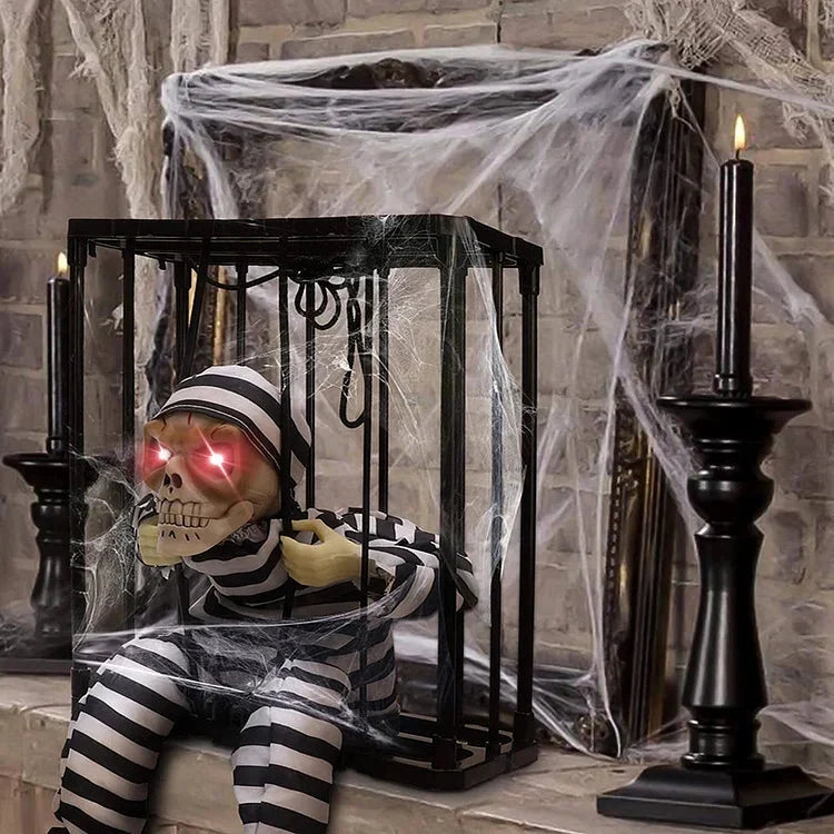 Décoration Cage à Squelette avec Détecteur de Mouvement - Yeux Lumineux et Son