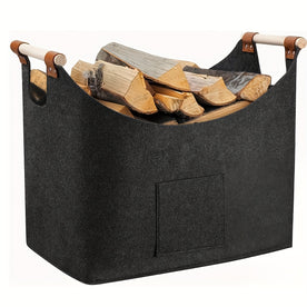 Panier de Rangement Pliable en Feutre pour Bois de Chauffage avec Poignees en Bois