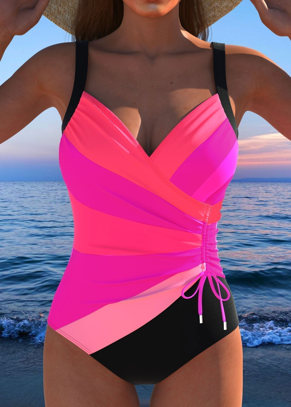 Formender luxuriöser einteiliger Badeanzug für Damen - eleganter farbiger Wickeleffekt