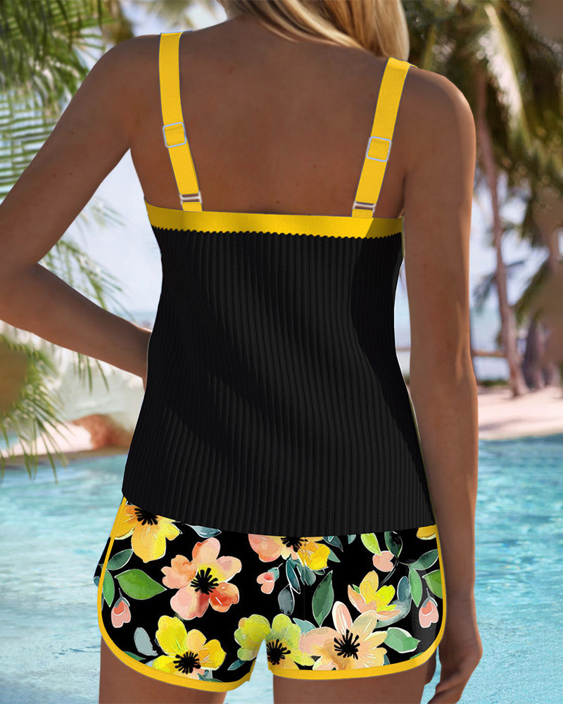 Tankini Rembourré Noir Floral avec Shorty Femme - Maillot de Bain