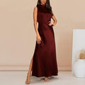 Robe Maxi Élégante en Satin à Col Haut avec Fente Femme