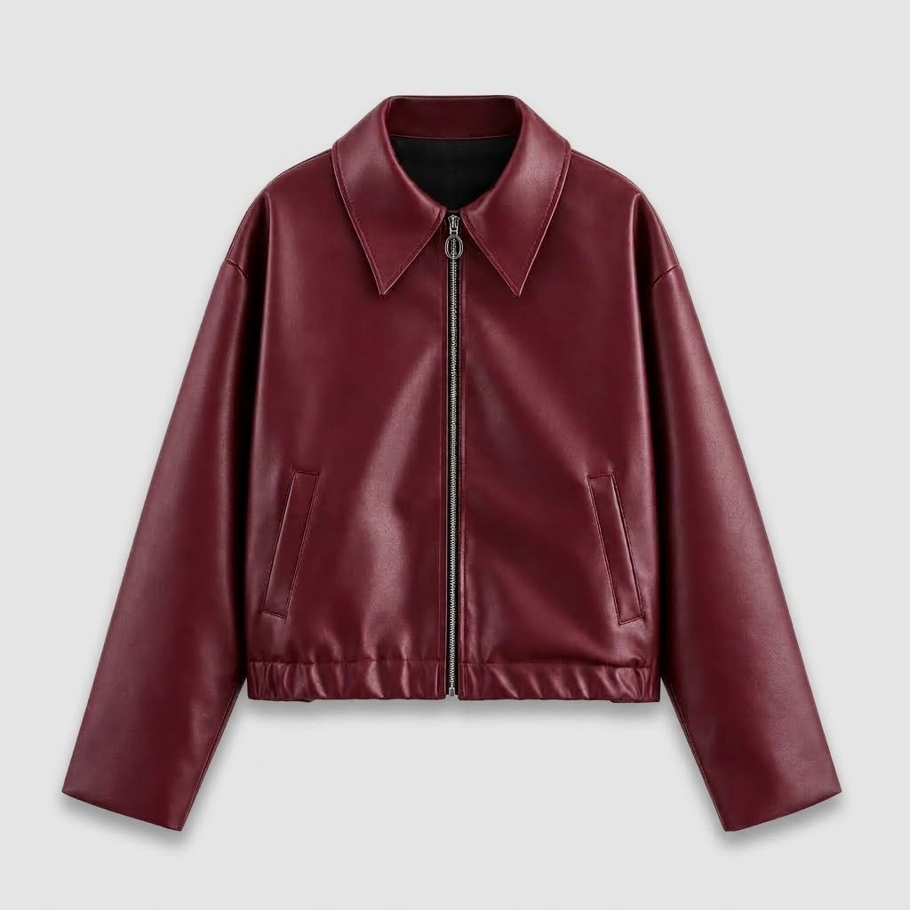 Veste Courte Femme en Cuir Synthétique avec Fermeture Éclair et Col