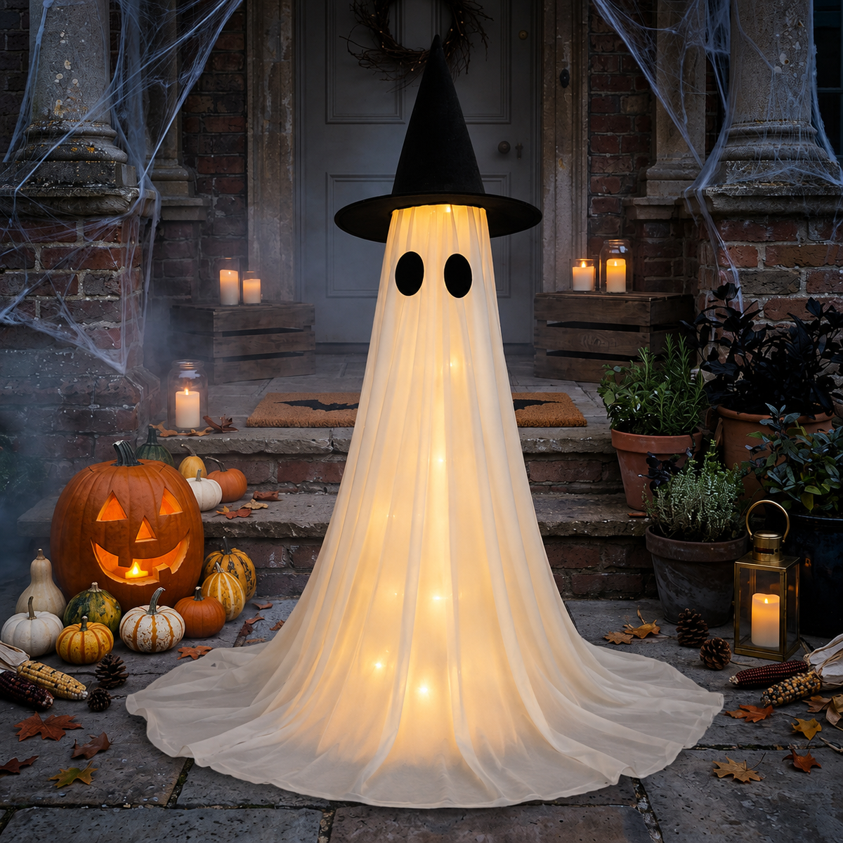 Fantôme Lumineux avec Chapeau de Sorcière - Décoration LED Halloween
