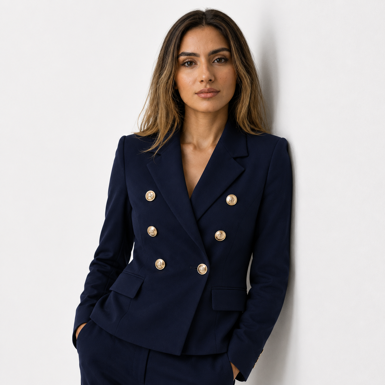 Damen-Blazer mit doppelter Knopfleiste und goldenen Knöpfen  
