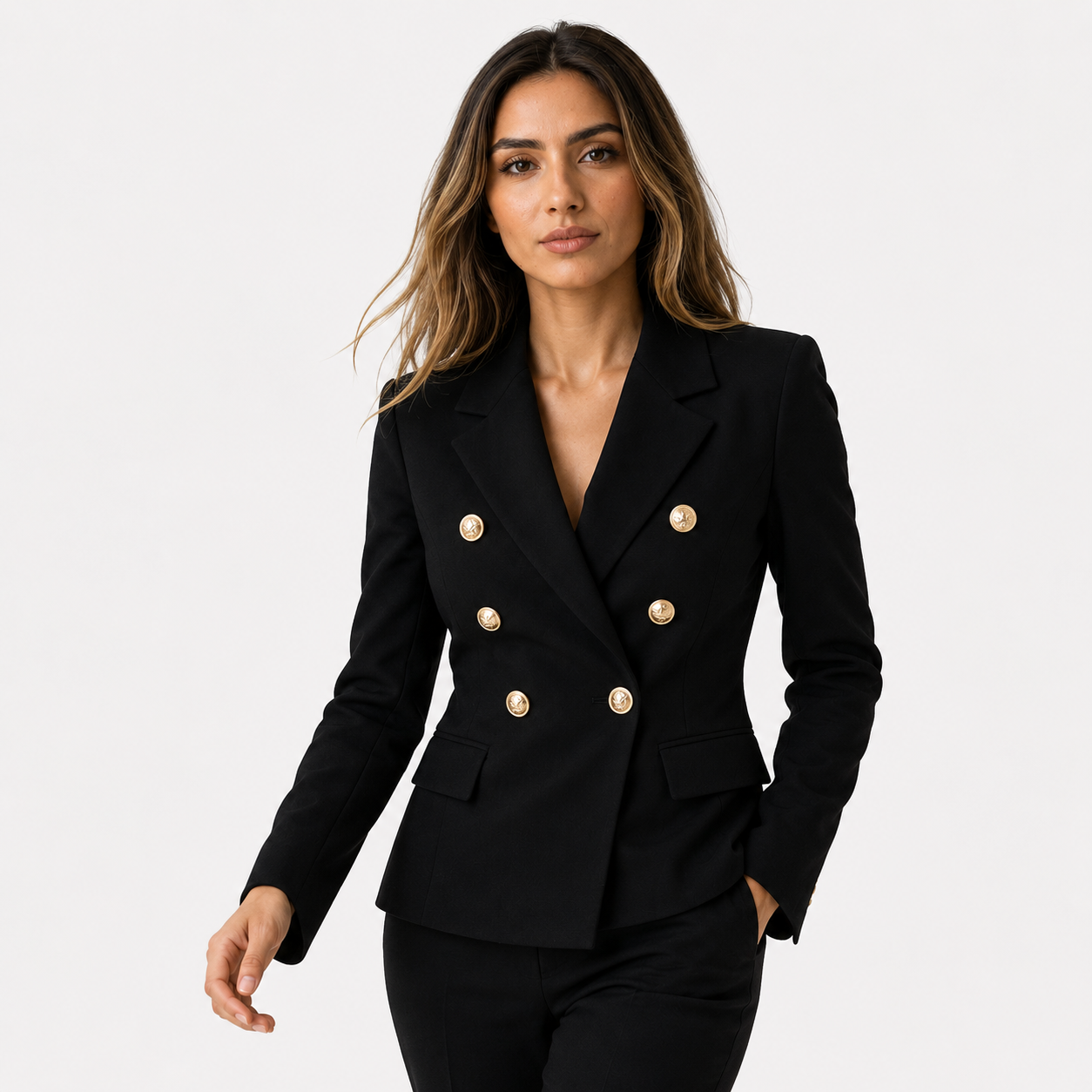 Damen-Blazer mit doppelter Knopfleiste und goldenen Knöpfen  