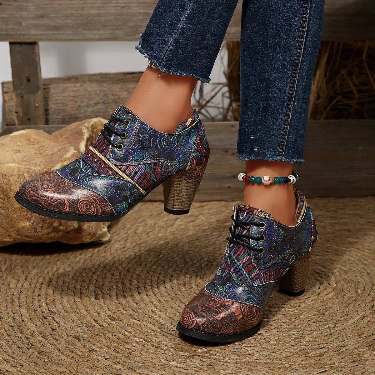 Krótki boho damskie buty ze skóry premium