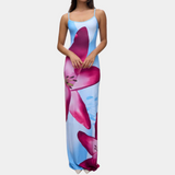 Rochie lungă mulată cu bretele subțiri, imprimeu floral vibrant pentru femei
