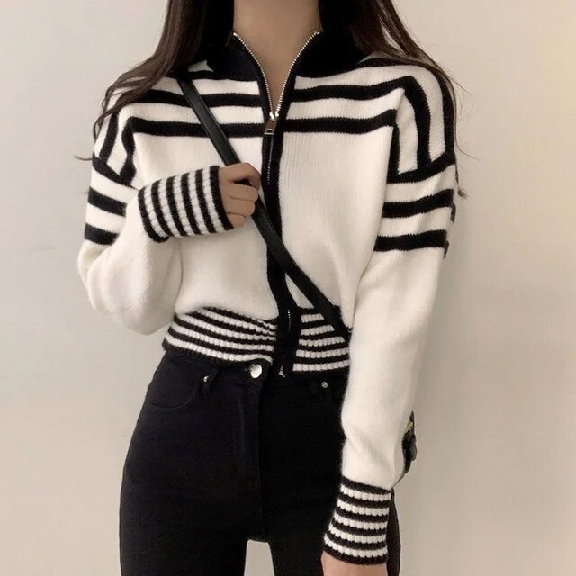 Cardigan Femme Chic à Rayures Contrastées 0