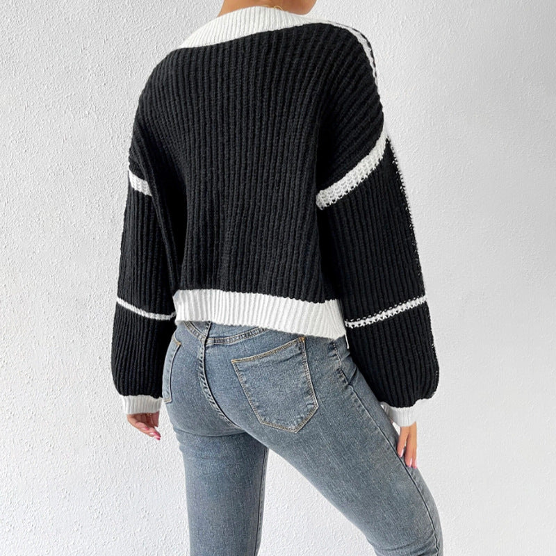 Cardigan Femme Court Élégant Color Block 3