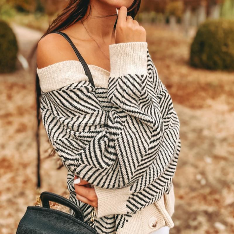 Cardigan Femme Élégant à Motif Chevrons 1