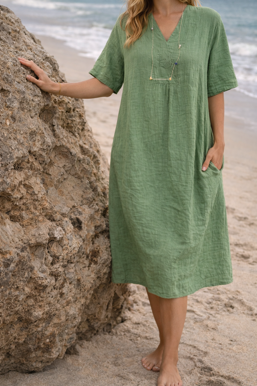 Robe fluide femme en lin, col V, coupe midi décontractée