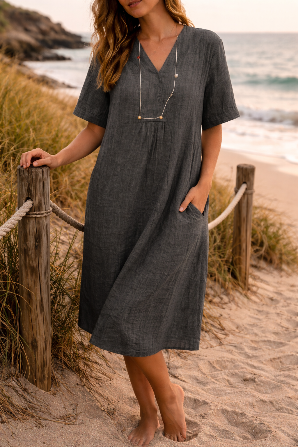 Robe fluide femme en lin, col V, coupe midi décontractée