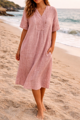 Robe fluide femme en lin, col V, coupe midi décontractée