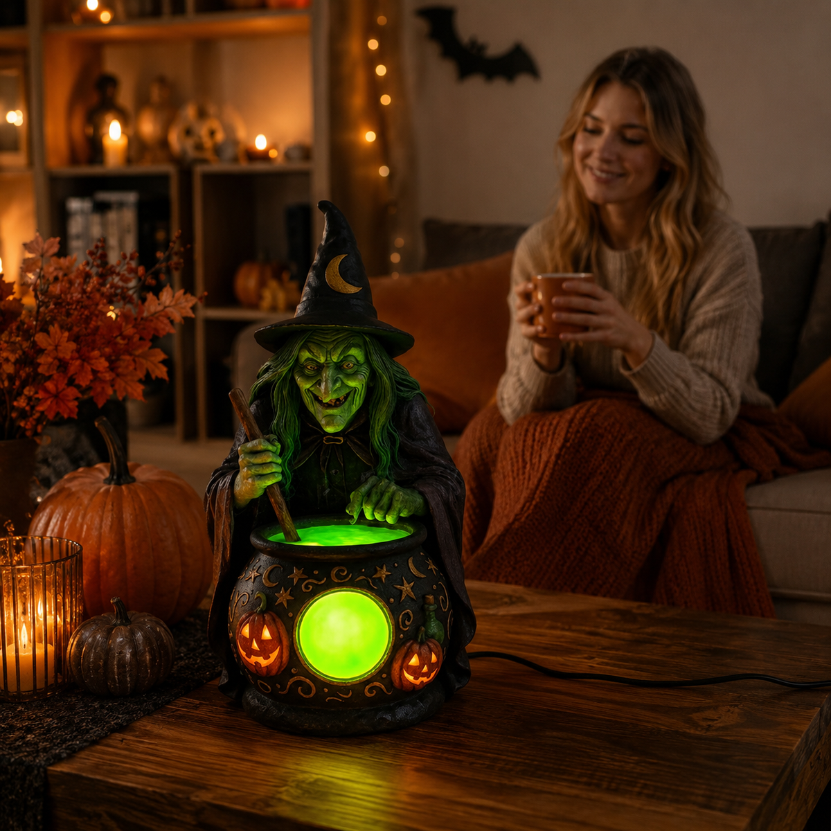 Lampe de Table Chaudron de Sorcière en Résine avec LED Verte Néon