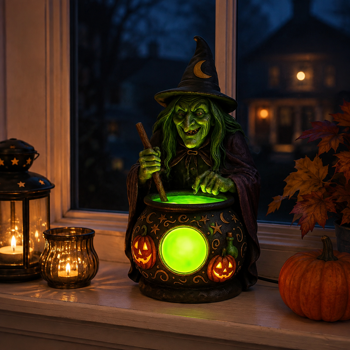 Lampe de Table Chaudron de Sorcière en Résine avec LED Verte Néon