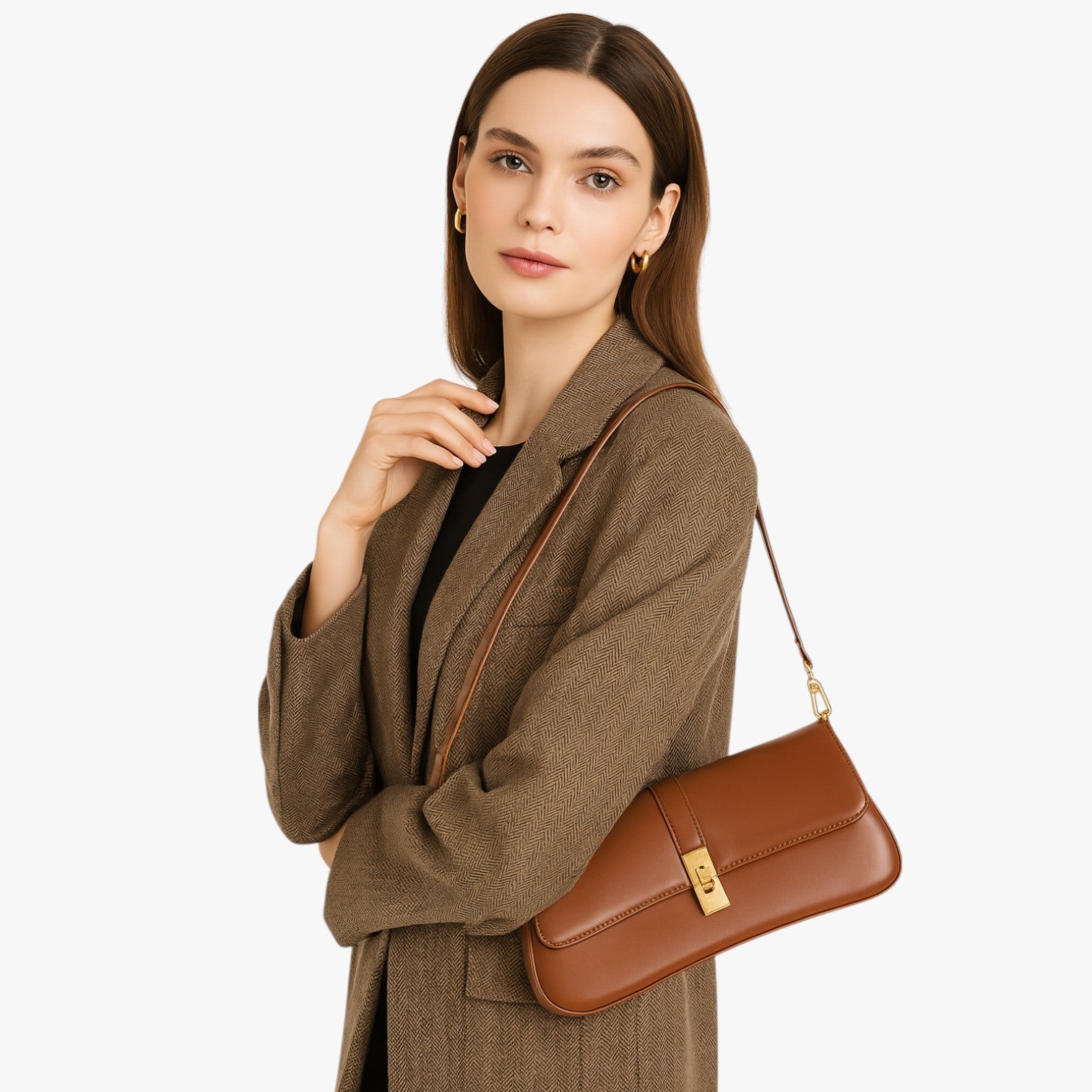 Luxuriöse schwarze Baguette-Handtasche aus echtem Leder Damen, elegant und kompakt