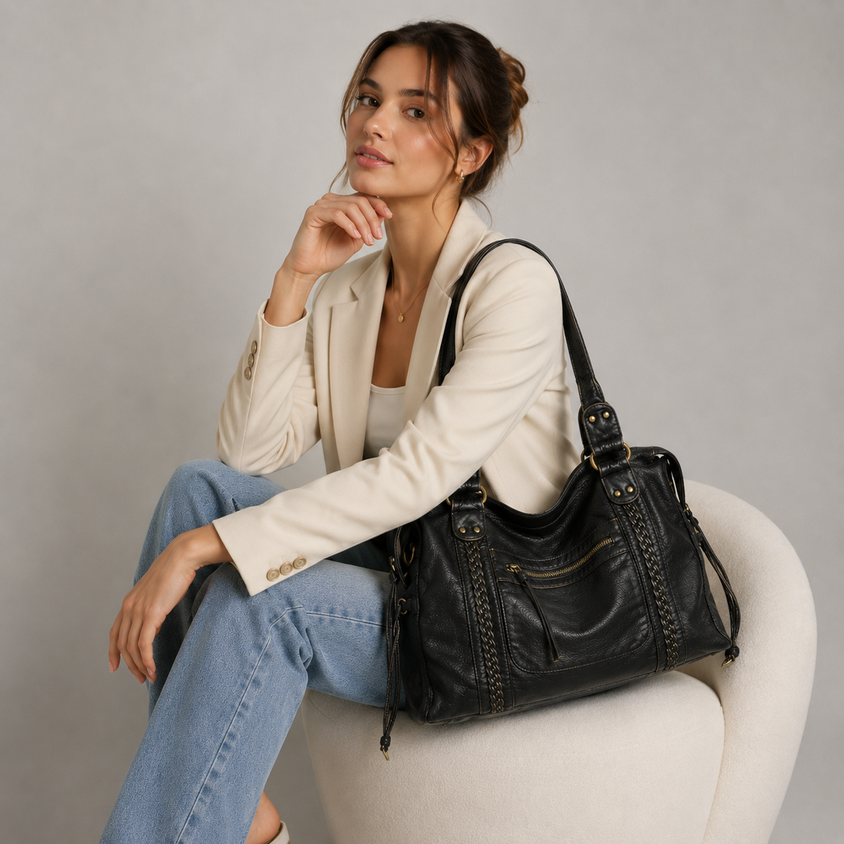 Sac à Épaule Noir Femme – Sac à Main Tendance en Simili Cuir avec Poches Zippées