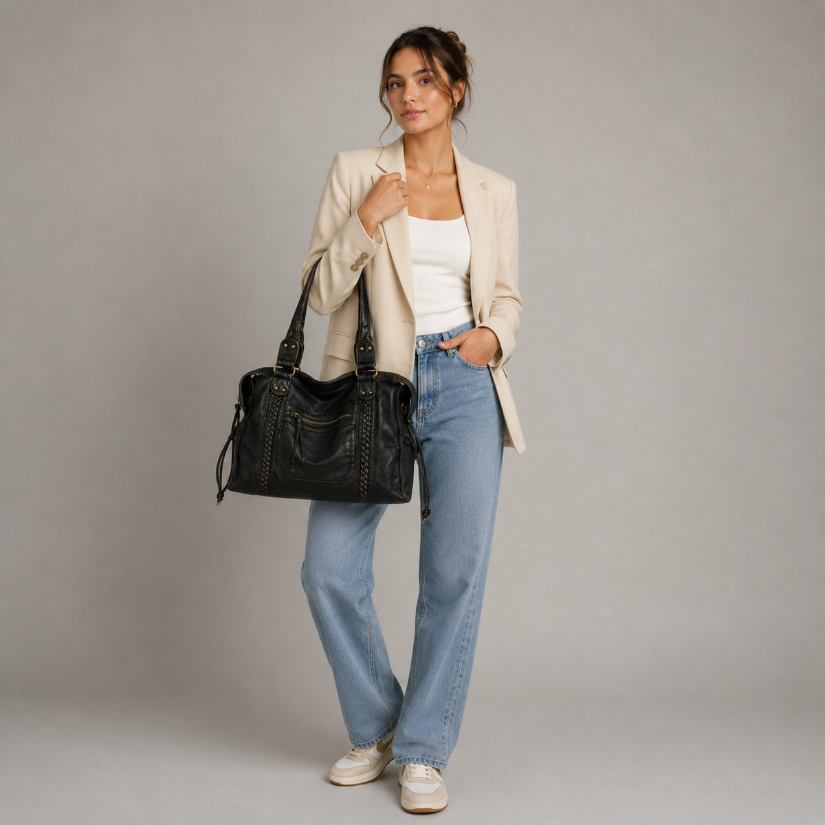 Sac à Épaule Noir Femme – Sac à Main Tendance en Simili Cuir avec Poches Zippées