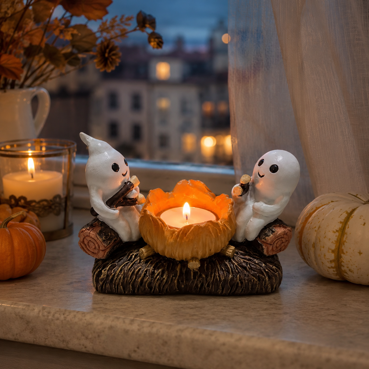 Porte-bougie Fantômes d'Halloween - Décoration de table en résine 12 × 7 cm
