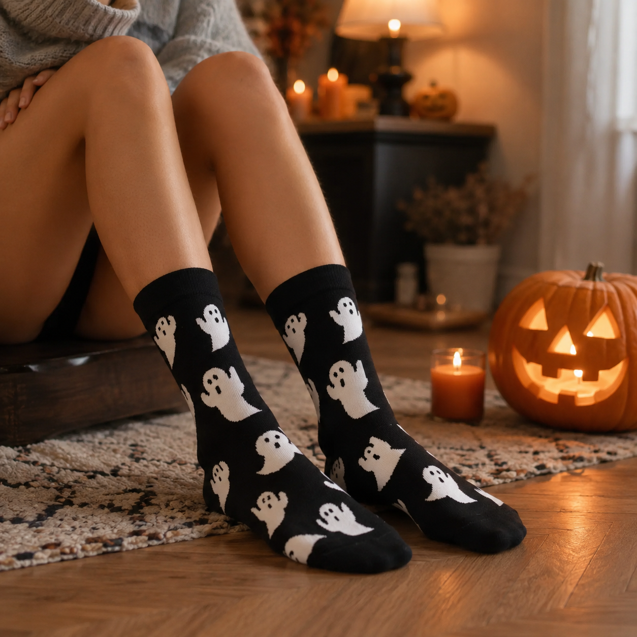 Chaussettes unisexe Halloween fantôme noir et blanc - motif