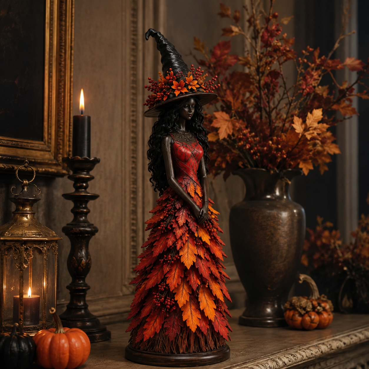 Statue de sorcière Halloween, décor feuilles d'automne, 3 tailles
