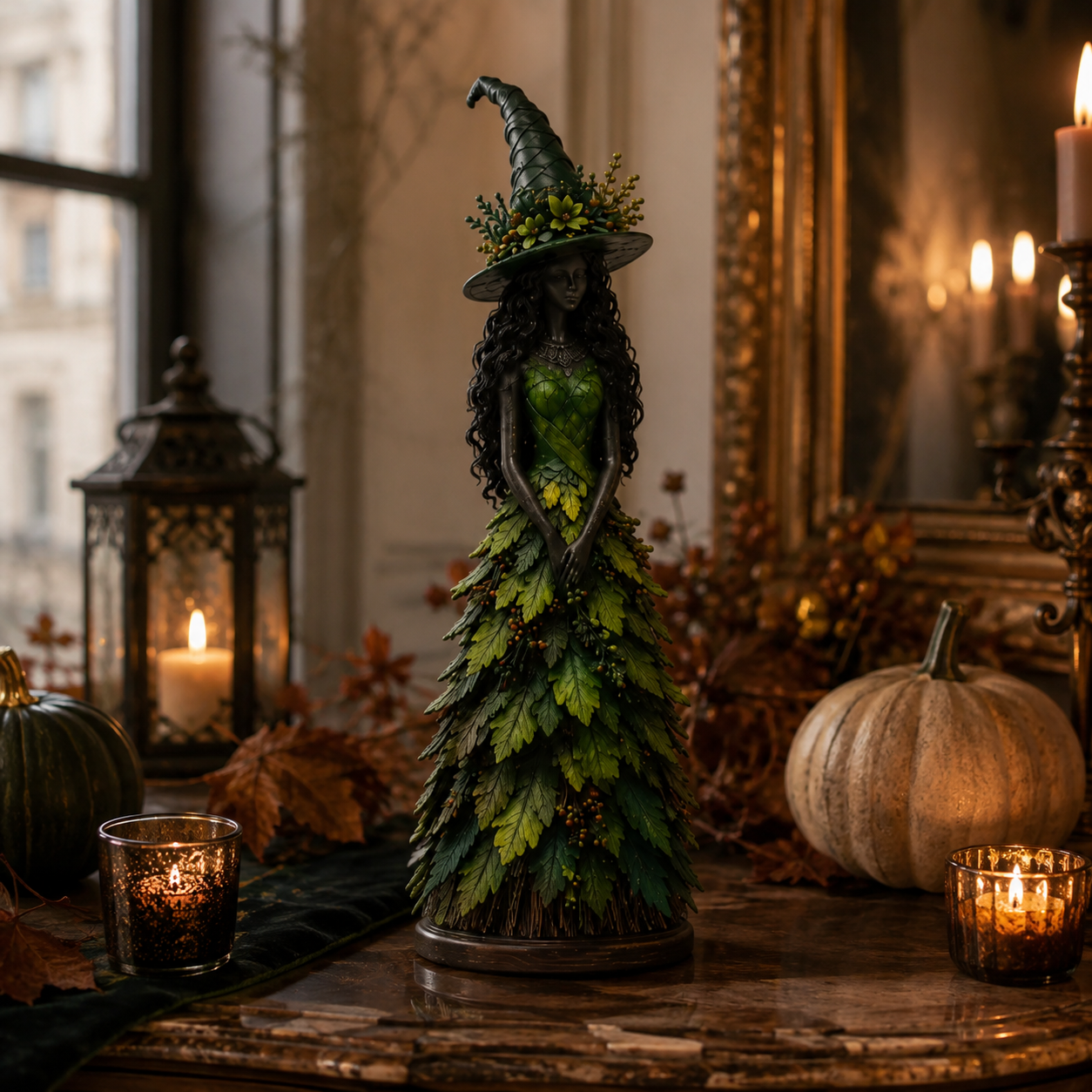 Statue de sorcière Halloween, décor feuilles d'automne, 3 tailles