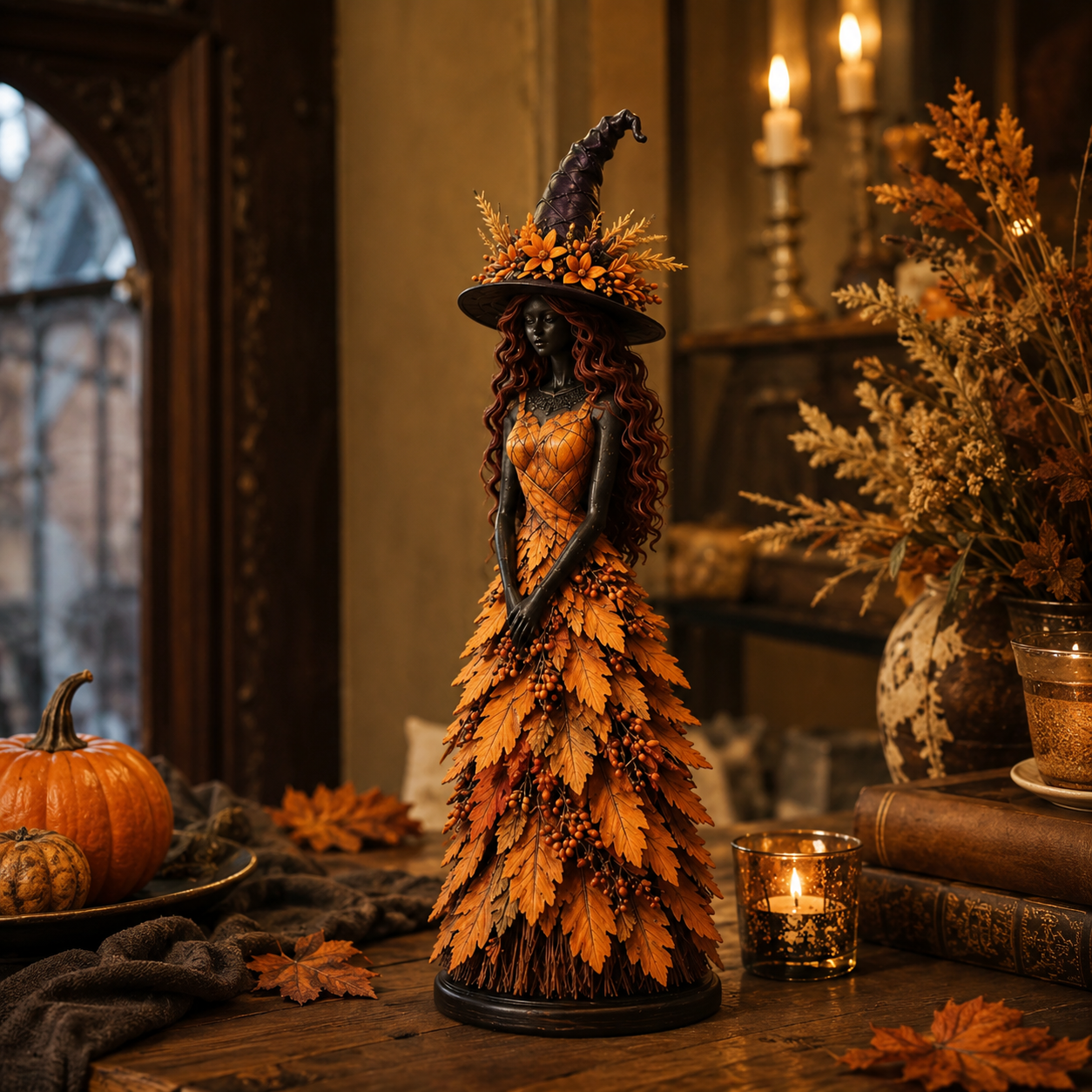 Statue de sorcière Halloween, décor feuilles d'automne, 3 tailles