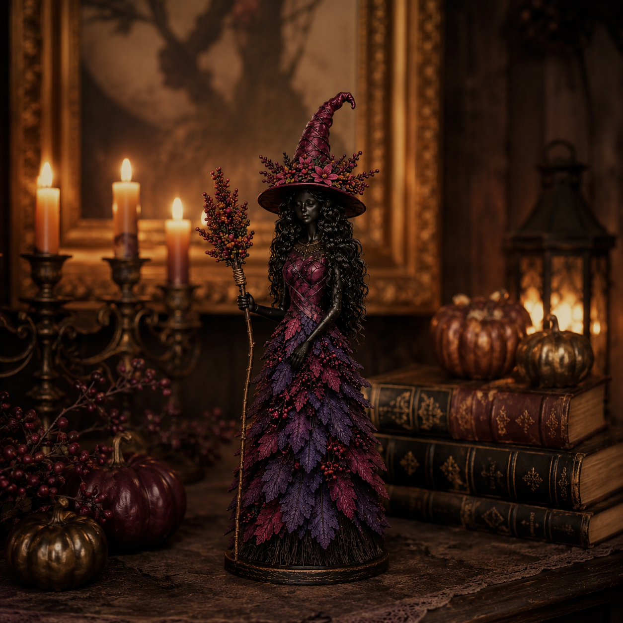 Statue de sorcière Halloween, décor feuilles d'automne, 3 tailles