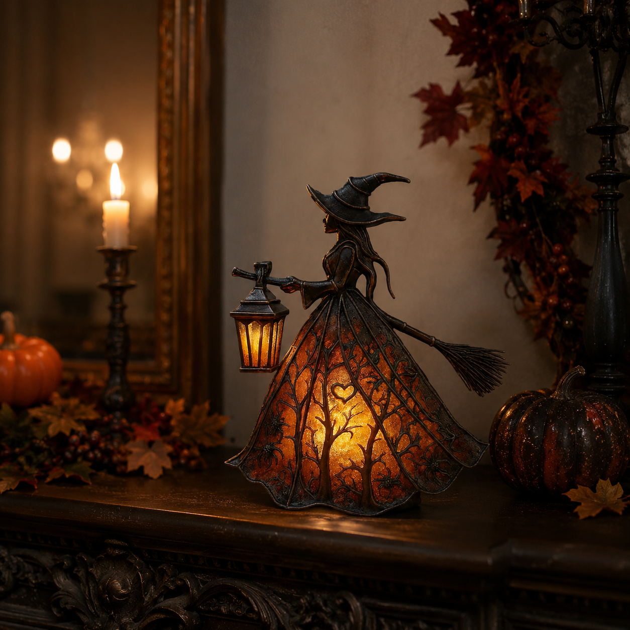 Figurine de Sorcière Illuminée avec Lanterne - Décoration de Table d'Halloween avec USB